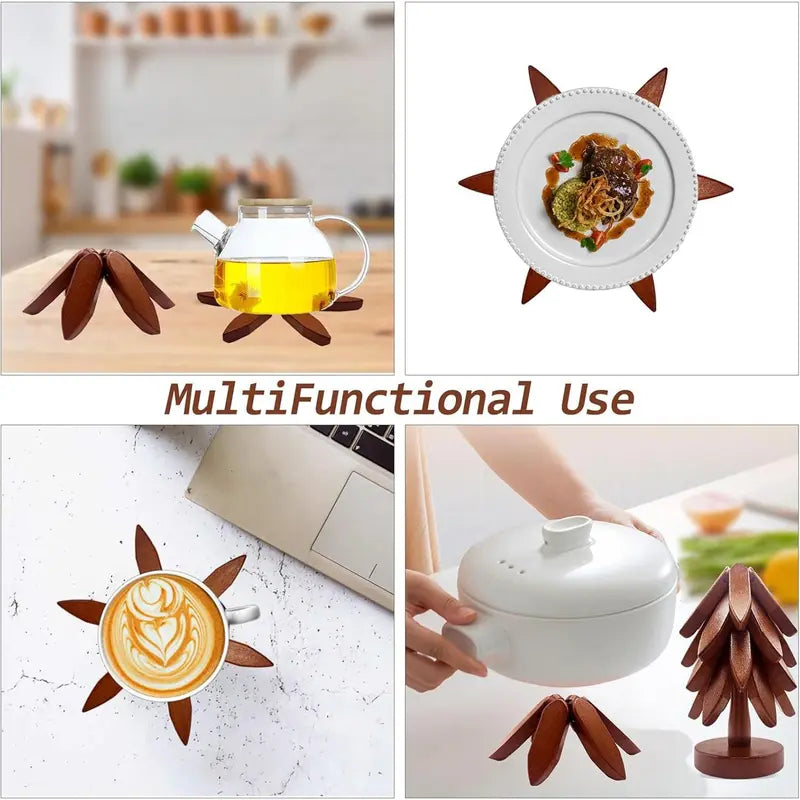 Wooden Trivets for Hot Dishes, Tree Shape Trivet Set, 4 Wooden Trivets + 1 Stand, Stackable Christmas Tree Design, Natural Foldable Kitchen Wooden Trivet, for Pans, Pot, Bowl, Teapot, Hot Pot Holder