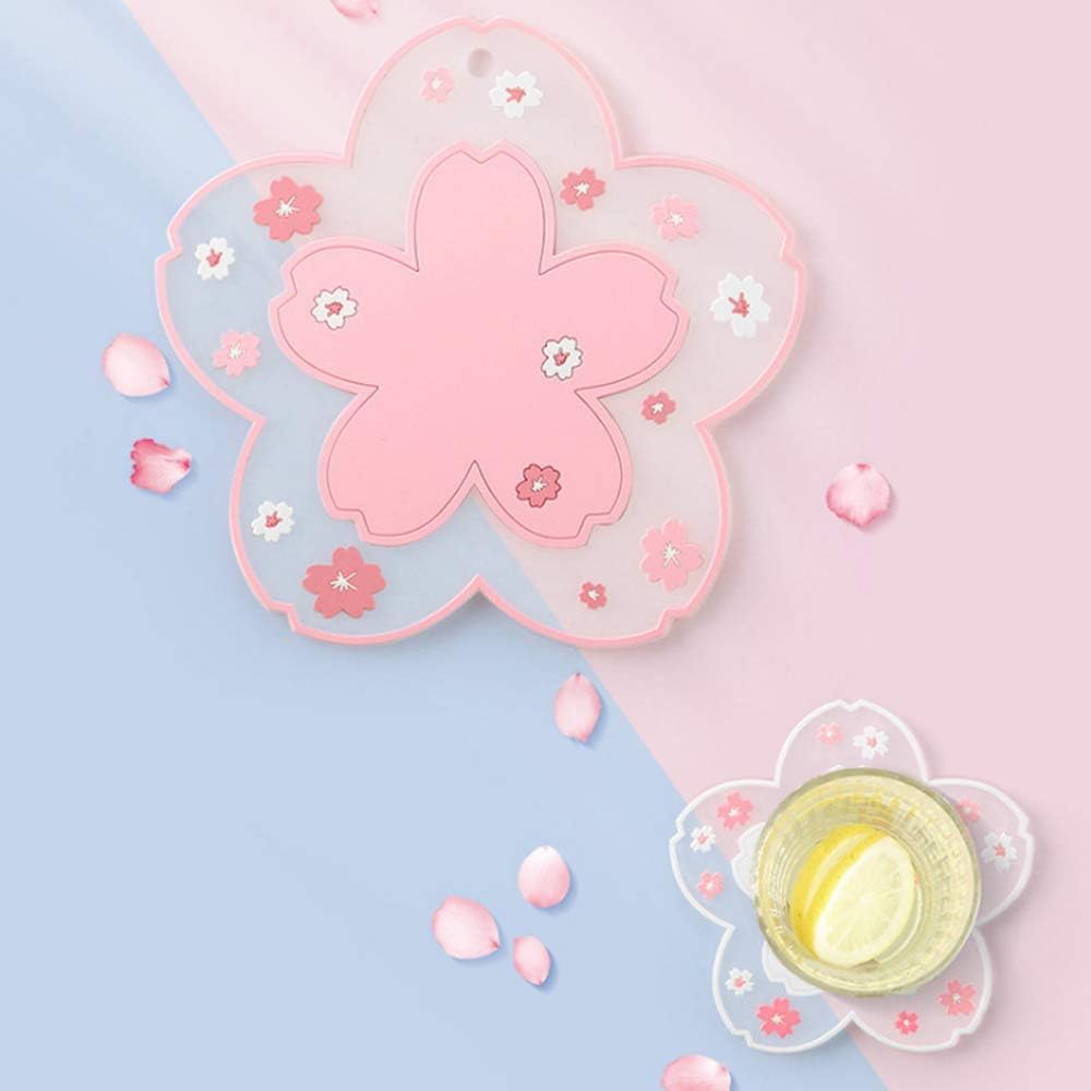 Sakura Coffee Cup Mat Kawaii Coaster 2PCS Cute Cherry Blossom PVC Home Tea Mug Pink Flower Pattern Anti-Skid Pot Bowl Pad Placemat for Desk Drink Table Decor Kawaii Accessories(Large)