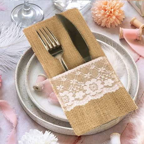 FQTANJU 50 PCS 4"x8" Burlap Lace Utensil Cutlery Holders Pouch Silverware Holder Knifes Forks Bags Burlap Napkin Bag for Rustic Wedding Party Decorations favors