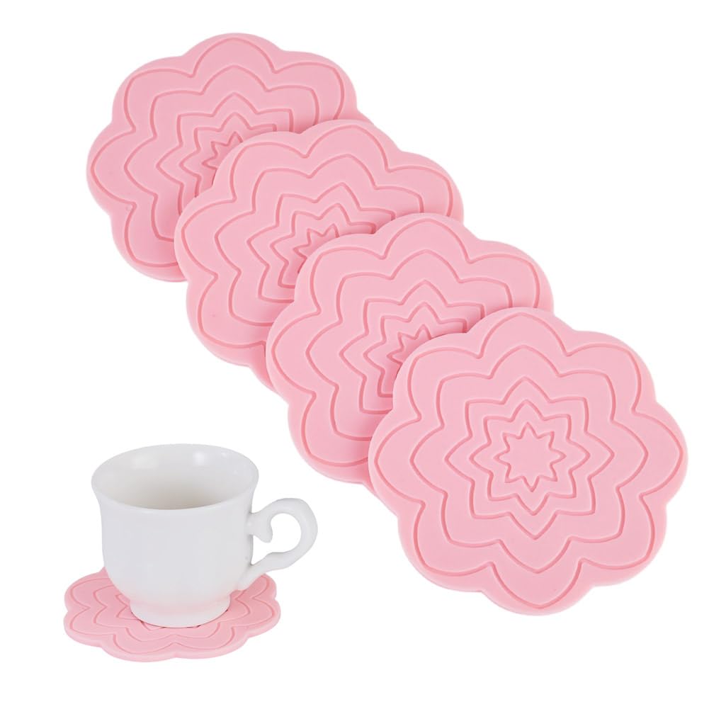 4Pcs Flower Cup Mats for Cold Hot Drinks, Patterned Silicone Coasters Non Slip Heat Resistant Placemats Washable Coffee Tea Mug Mat Pads for Office Home Kitchen Bar Table Protection, Tan