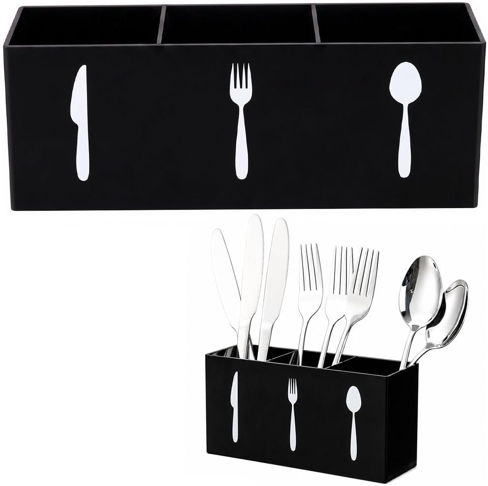 Cutlery Storage Organizer, 3-Section Utensil Holder, 6.9in Silverware Caddy for Spoon Fork Knife, Kitchen Countertop Organizer, Black