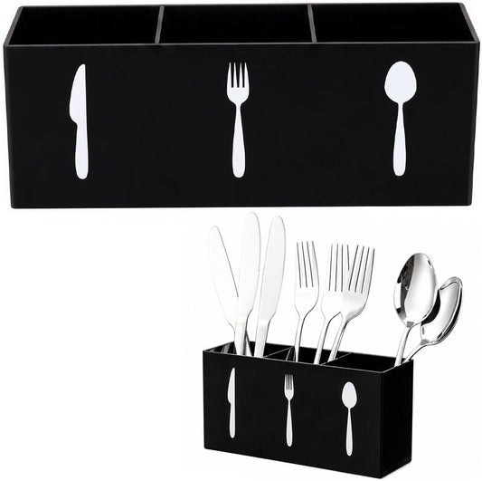 Cutlery Storage Organizer, 3-Section Utensil Holder, 6.9in Silverware Caddy for Spoon Fork Knife, Kitchen Countertop Organizer, Black