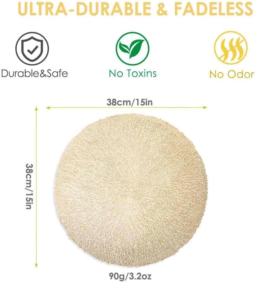 GIVERARE Placemats Set of 4, Round Heat-Resistant Vinyl Placemat, 15 inch Non-Slip Washable PVC Table Mat, Easy to Clean Premium Plastic Mats for Dining Table, Kitchen Table (Gold)