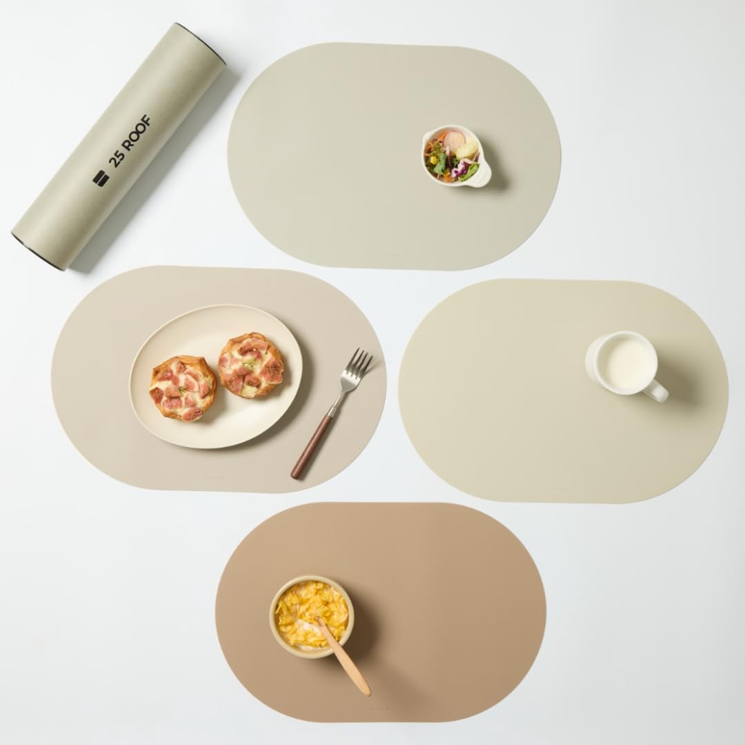 Oval Silicone Placemats – Heat Resistant, Waterproof, Easy to Clean Non-Slip Modern Dining Table Mats – Premium Leather Textured Japandi Kitchen Decor, Chifon Beige, 4, Without Coasters