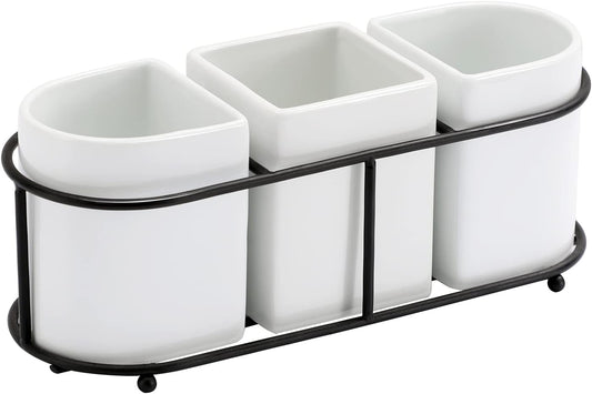 Buyajuju 3 Piece Porcelain Flatware Holder Caddy with Metal Rack,Utensil Holder Caddy For Spoons, Knives and Forks Cutlery Organizer
