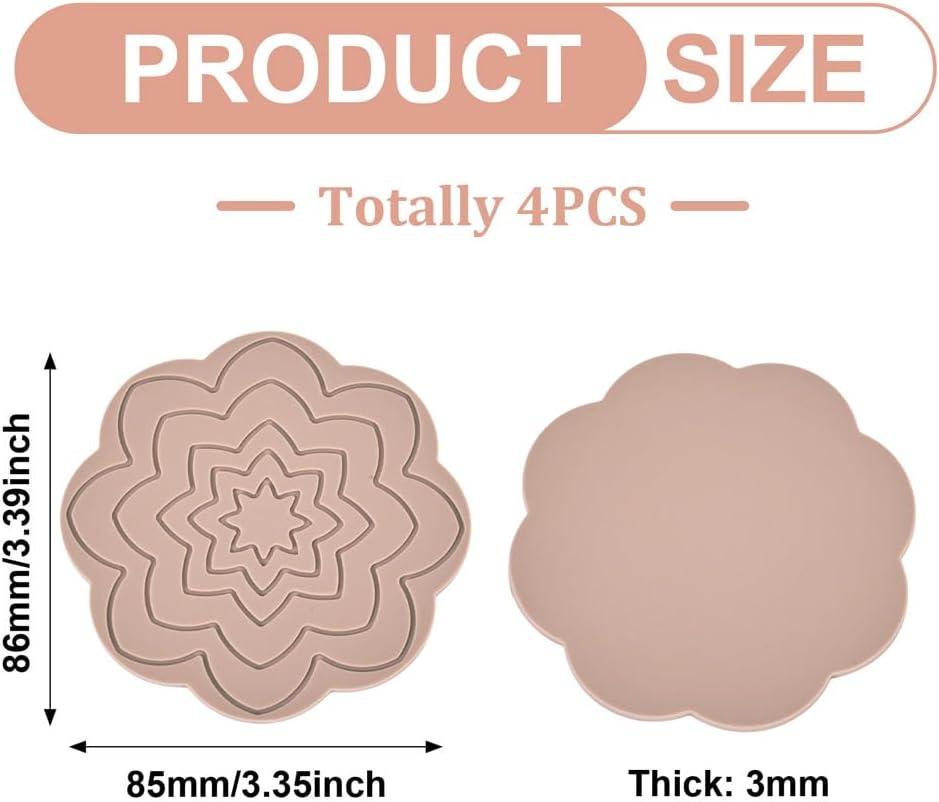 4Pcs Flower Cup Mats for Cold Hot Drinks, Patterned Silicone Coasters Non Slip Heat Resistant Placemats Washable Coffee Tea Mug Mat Pads for Office Home Kitchen Bar Table Protection, Tan