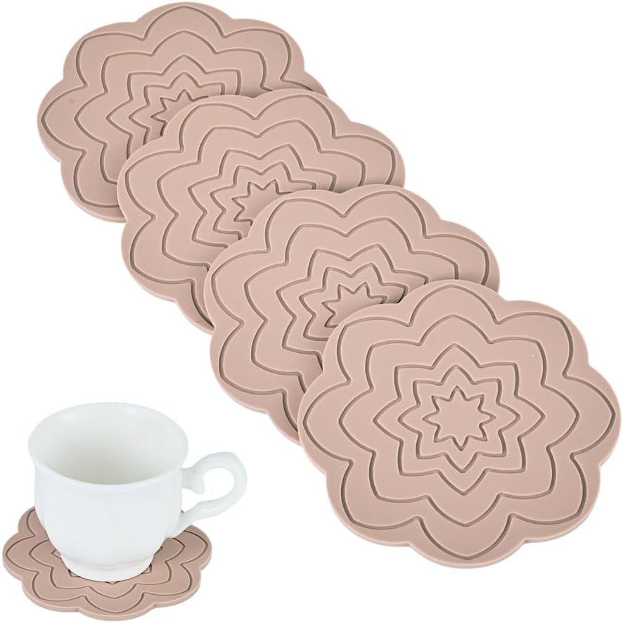 4Pcs Flower Cup Mats for Cold Hot Drinks, Patterned Silicone Coasters Non Slip Heat Resistant Placemats Washable Coffee Tea Mug Mat Pads for Office Home Kitchen Bar Table Protection, Tan