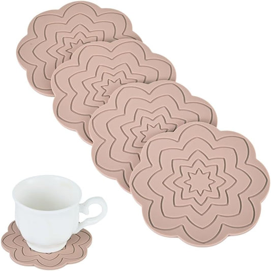 4Pcs Flower Cup Mats for Cold Hot Drinks, Patterned Silicone Coasters Non Slip Heat Resistant Placemats Washable Coffee Tea Mug Mat Pads for Office Home Kitchen Bar Table Protection, Tan