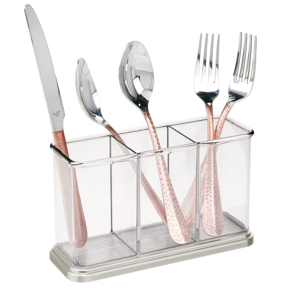 mDesign Plastic Cutlery Utensil Holder Storage Organizer Caddy for Kitchen Countertop Organization - Holds Fork, Knife, Spoon, Silverware - 3 Divided Sections - Hyde Collection - Clear/Soft Brass