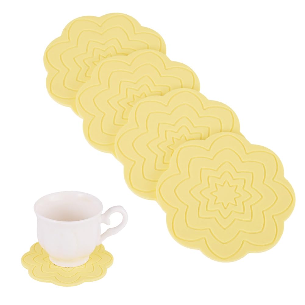 4Pcs Flower Cup Mats for Cold Hot Drinks, Patterned Silicone Coasters Non Slip Heat Resistant Placemats Washable Coffee Tea Mug Mat Pads for Office Home Kitchen Bar Table Protection, Tan