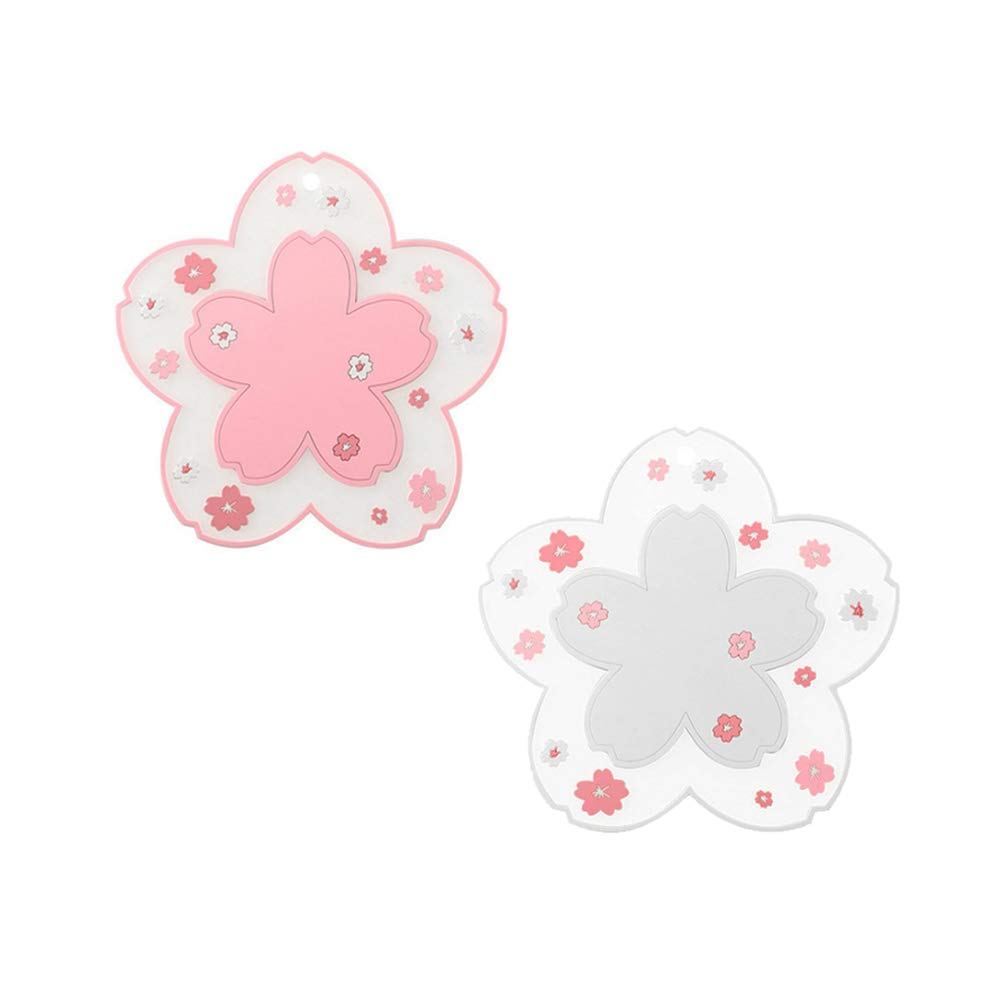 Sakura Coffee Cup Mat Kawaii Coaster 2PCS Cute Cherry Blossom PVC Home Tea Mug Pink Flower Pattern Anti-Skid Pot Bowl Pad Placemat for Desk Drink Table Decor Kawaii Accessories(Large)