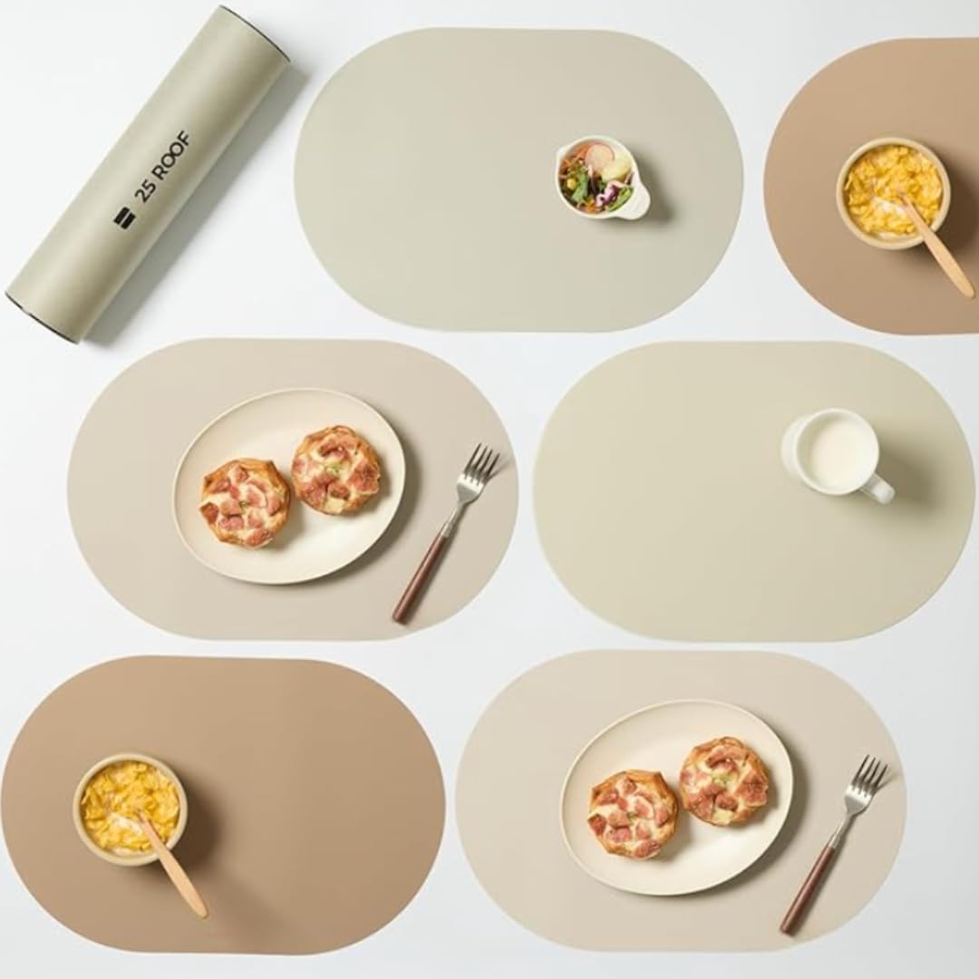 Oval Silicone Placemats – Heat Resistant, Waterproof, Easy to Clean Non-Slip Modern Dining Table Mats – Premium Leather Textured Japandi Kitchen Decor, Chifon Beige, 4, Without Coasters