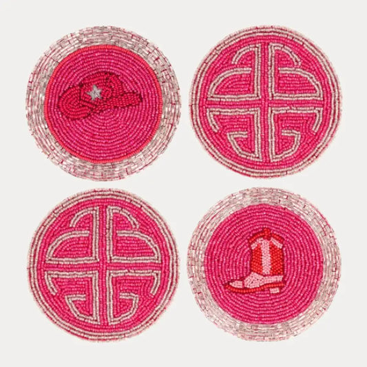 BuDhaGirl Luxe Hand-Beaded Embroidered 4-in Circle Indian Patterned Drink Coasters - Set of 4, Indoor Kitchen Tableware Accessory