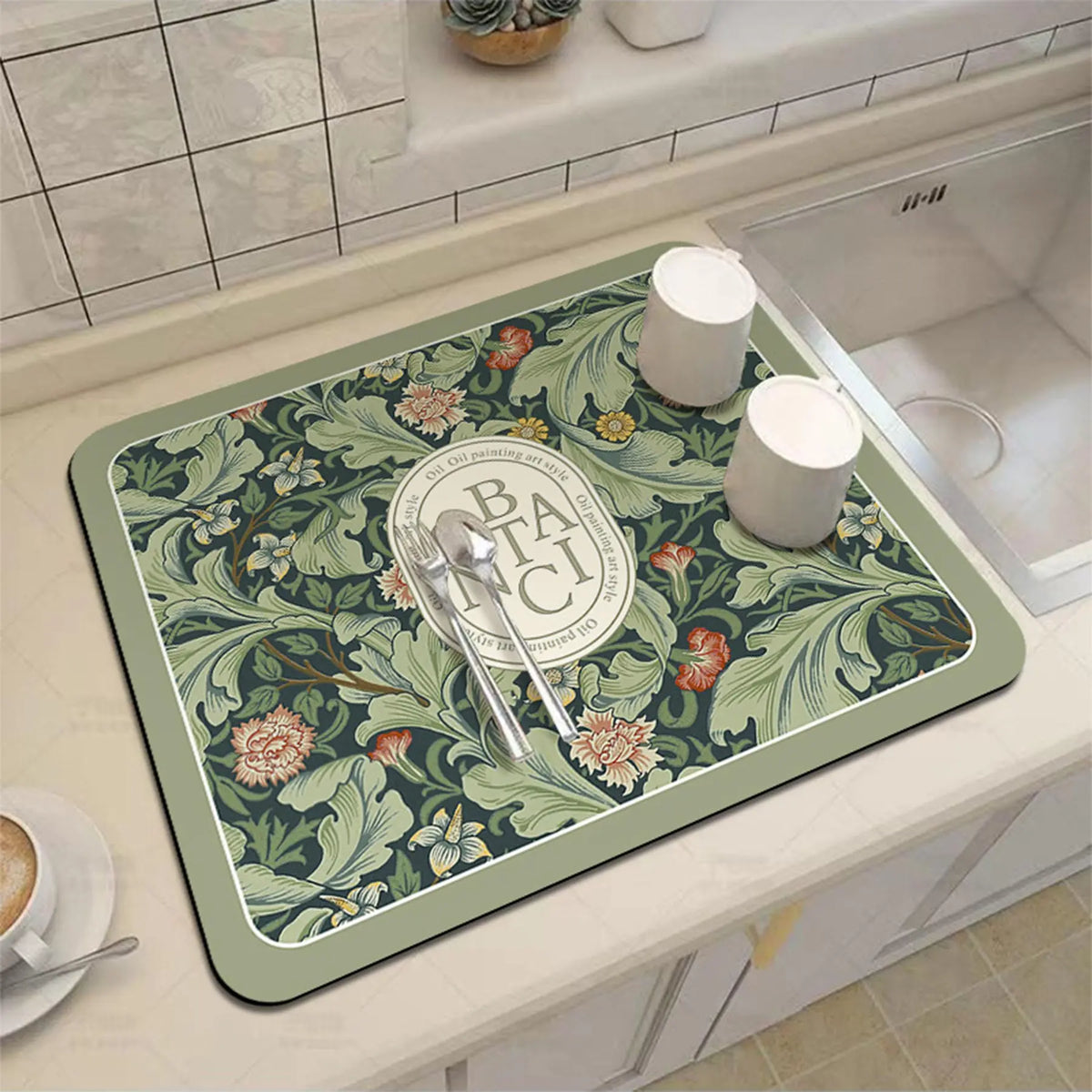 Floral Pattern Kitchen Countertop Mat, 1 Count Non-slip Water Absorbent Coffee Machine Mat, Household Table Mat for Home Kitchen Canteen Dining Room, Kitchen Decorative Placemat