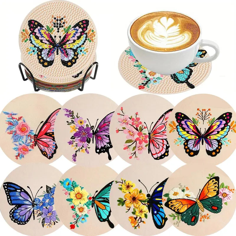 8-Pcs 5D Diamond Art Coasters DIY Kit - Retro Cup & Cocktail Coasters with Holder, Tray & Tableware for Adult Crafters, Countertops Gift Option, Cup Coasters