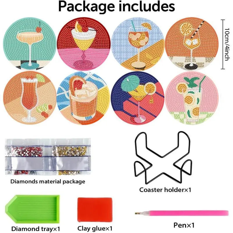 8-Pcs 5D Diamond Art Coasters DIY Kit - Retro Cup & Cocktail Coasters with Holder, Tray & Tableware for Adult Crafters, Countertops Gift Option, Cup Coasters