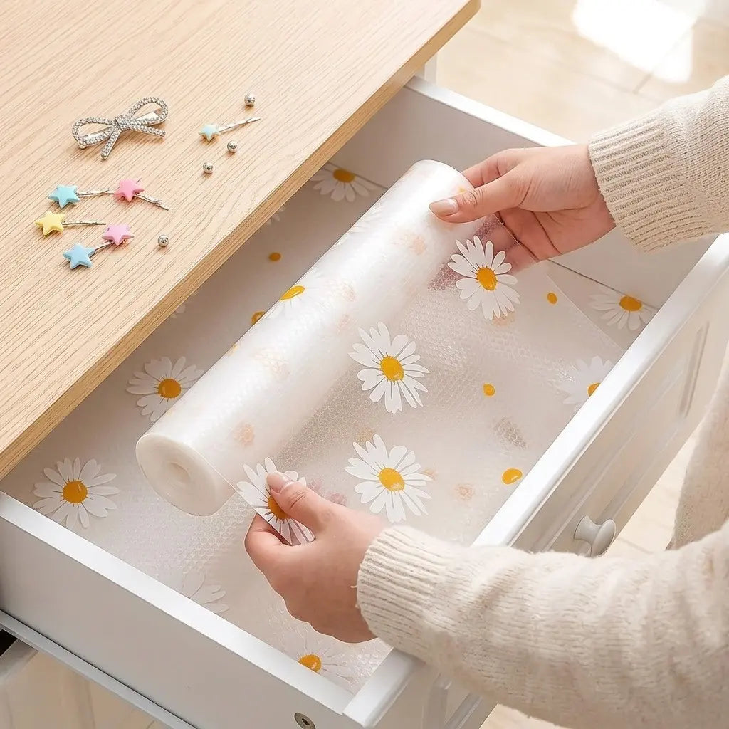 Eva Kitchen Drawer Liner, Non-Stick Waterproof Oil-Resistant, Daisy Pattern, Easy Clean Durable, Anti-Slip Shelf Protector