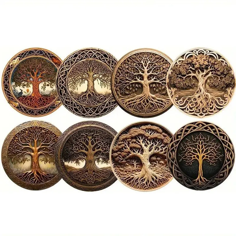 8 Pcs Tree of Life Coaster Set, Retro Carved Wooden Style Aesthetic Decorative Coaster Tableware Dinnerware Drink Mats Coasters for Drinks, Heatproof Cup Pads with Exquisite Pattern, Non-Slip Coasters for Coffee Cups, Tea Cups, Mugs Tabletop Protection