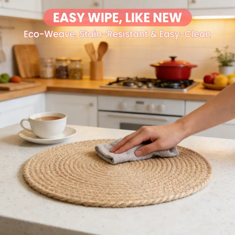 Handmade Round Boho Rattan Placemats Set of 8 - 12in Natural Braided Tableware with Handmade Texture, Heat Buffer Layer, Heat-Resistant, Eco-Friendly Round & Rustic Placemats & Coasters with Boho Braided Look for Kitchen, Patio Dining Tables
