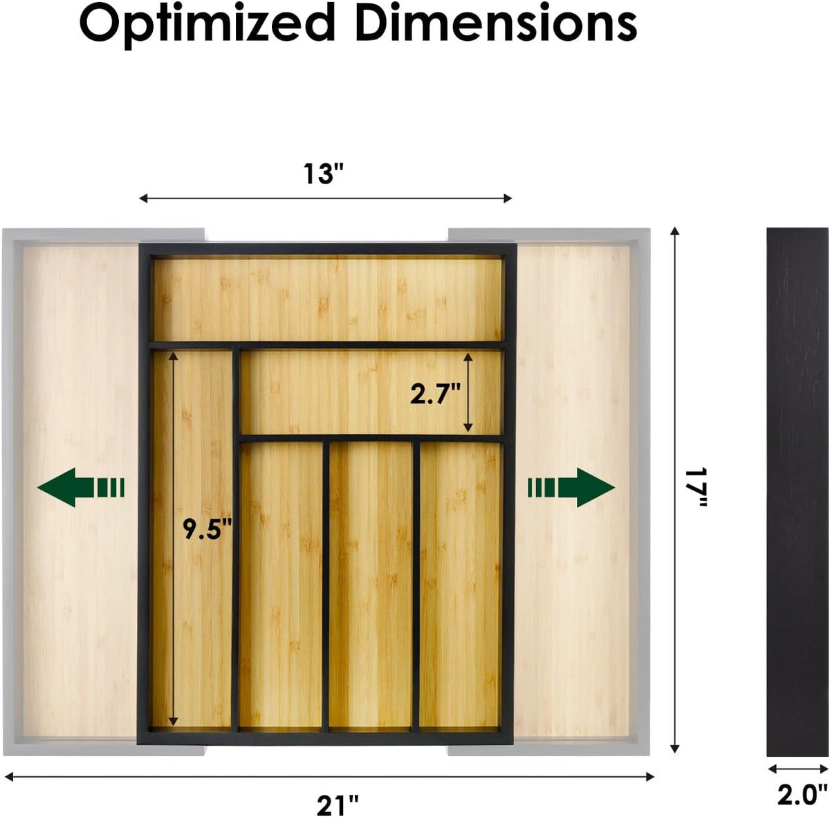 Bamboo drawer organizer, utensil holder, silverware organizer, and adjustable cutlery tray with drawer dividers, for kitchen, office desk, and bathroom storage (Black)