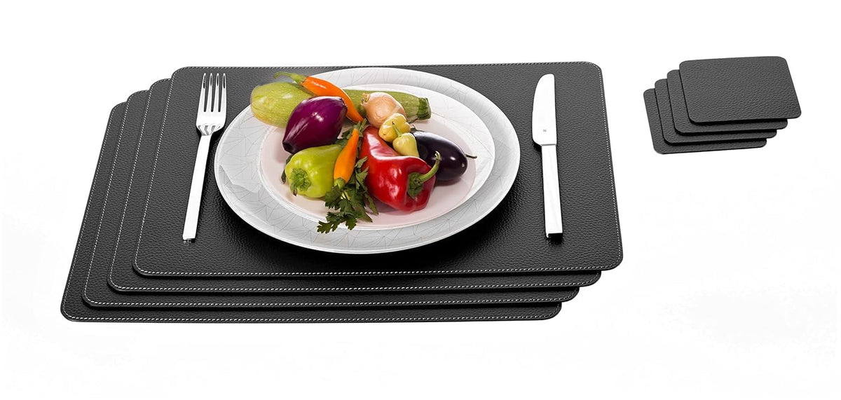 Nikalaz Set of Small Black 4 Placemats and 4 Coasters Made of Recycled Leather, Place Mats (15.7'' x 11.8'' and Coasters 3.9'' x 3.9'', Black)