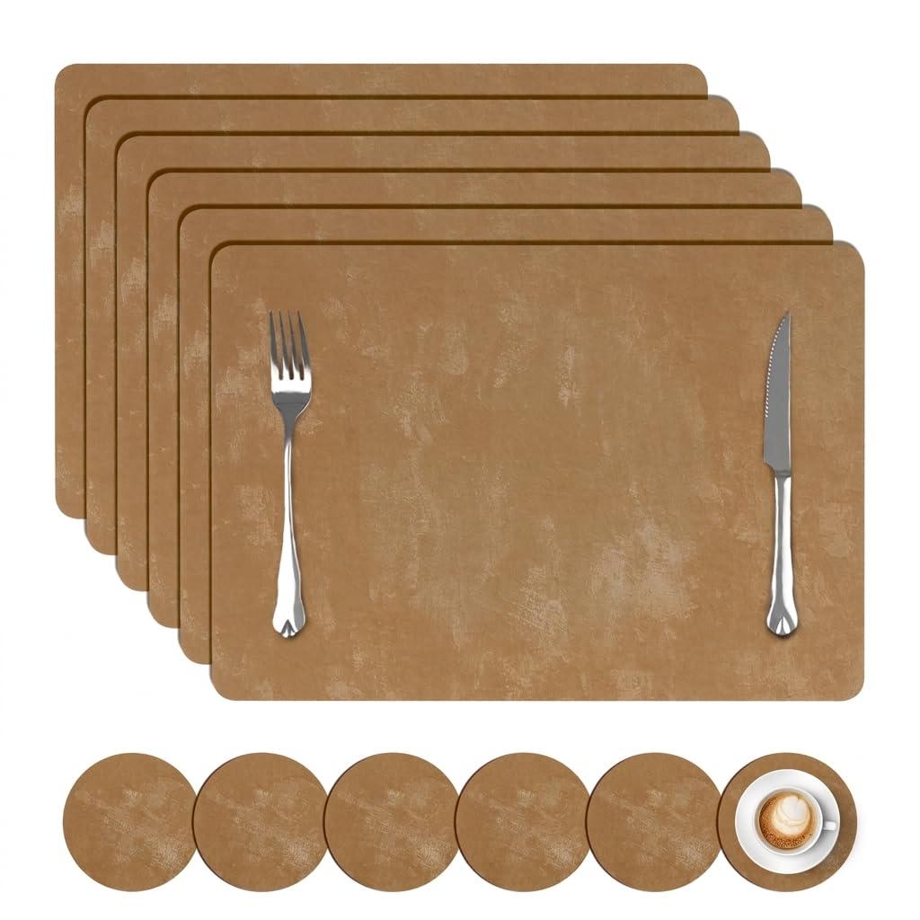 comfoyar Faux Leather Placemats with Coasters Set of 6, 12x17 Inch Heat Resistant Dual-Sided Imitation Velvet Dark Brown Place Mats, Waterproof Wipeable Table Mats for Kitchen Dining Party Decoration