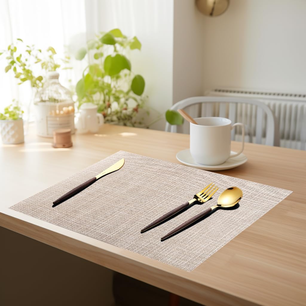 PIGCHCY Beige Placemats Set of 4 Vinyl PVC Durable Place Mats for Dining Table,Heat Resistant Non-Slip Woven Tabel Mats (18x12 inches, Beige)