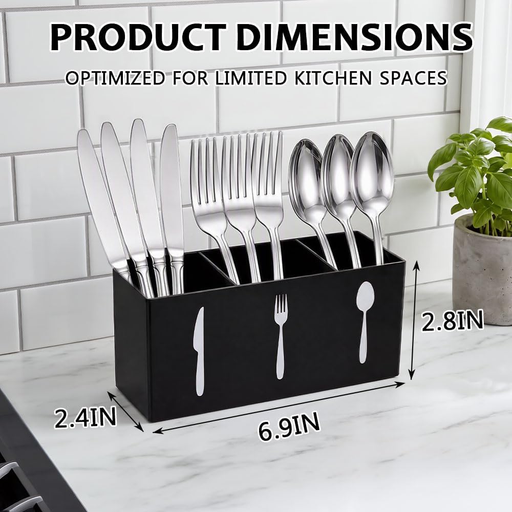 Cutlery Storage Organizer, 3-Section Utensil Holder, 6.9in Silverware Caddy for Spoon Fork Knife, Kitchen Countertop Organizer, Black