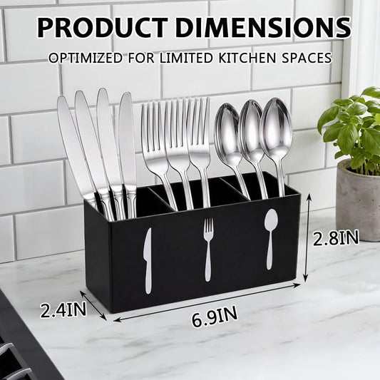 Cutlery Storage Organizer, 3-Section Utensil Holder, 6.9in Silverware Caddy for Spoon Fork Knife, Kitchen Countertop Organizer, Black