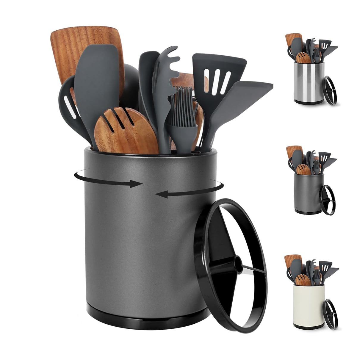 Nigelia Extra Large Kitchen Utensil Holder, 360° Rotating Stainless Steel Cooking Utensil Holder for Countertop, 3 Compartment Flatware Organizer & Cooking Caddy with Removable Base（Silvery）