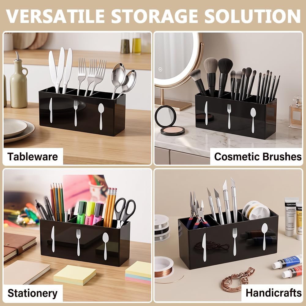 Cutlery Storage Organizer, 3-Section Utensil Holder, 6.9in Silverware Caddy for Spoon Fork Knife, Kitchen Countertop Organizer, Black
