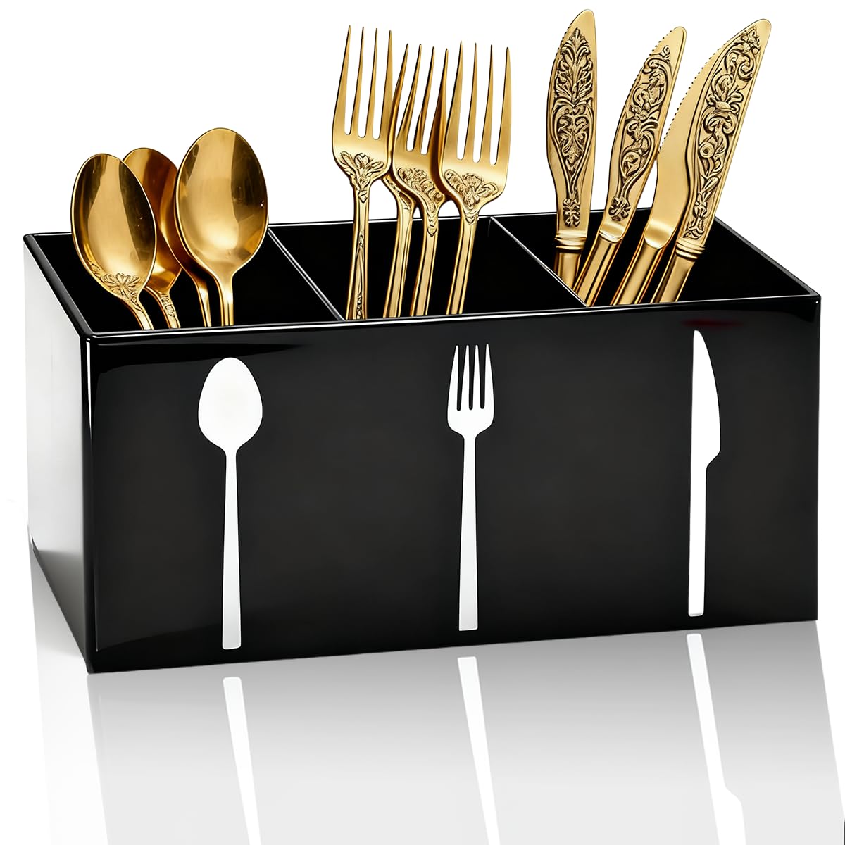 Acrylic Cutlery Storage Organizer Bin,3 Section Silverware Caddy with Spoon Fork Organizer, Clear Plastic Utensil Holder for Kitchen Countertop, Cabinet, Dining Room (Black)