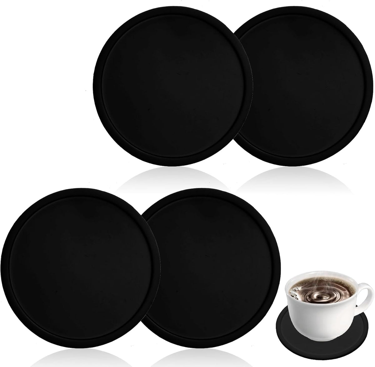 4pcs Silicone Drink Coasters, Non Slip Round Black Table Pads Desk Coasters Anti Stain & Heat Resistant Rubber Cushion Mat for Office Desk Kitchen Beverage Bar Coffee Tea