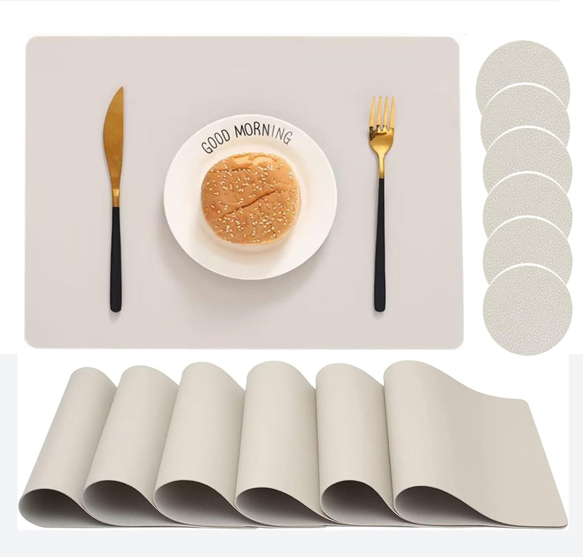 Placemats Set of 6, Leather Placemat with Coasters, Waterproof, Stain Resistant, Heat Resistant, Washable Wipeable, PU Table Mats for Kitchen Dining Table and Decor (Black Rectangle A, 6pcs)