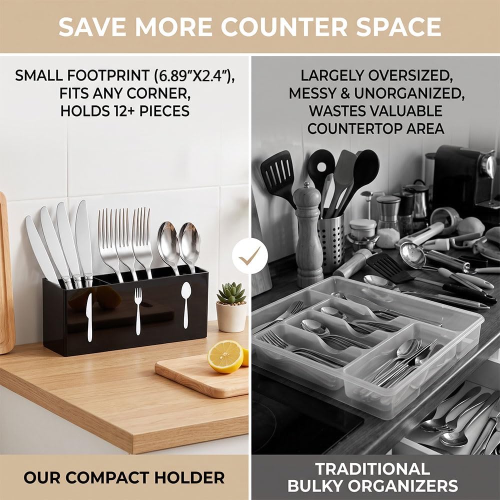 Cutlery Storage Organizer, 3-Section Utensil Holder, 6.9in Silverware Caddy for Spoon Fork Knife, Kitchen Countertop Organizer, Black