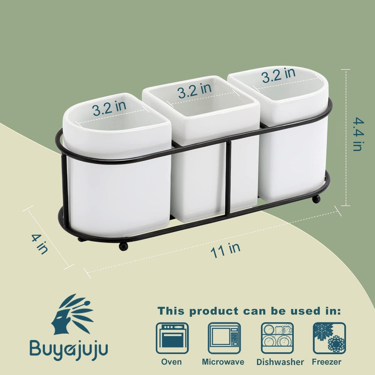Buyajuju 3 Piece Porcelain Flatware Holder Caddy with Metal Rack,Utensil Holder Caddy For Spoons, Knives and Forks Cutlery Organizer