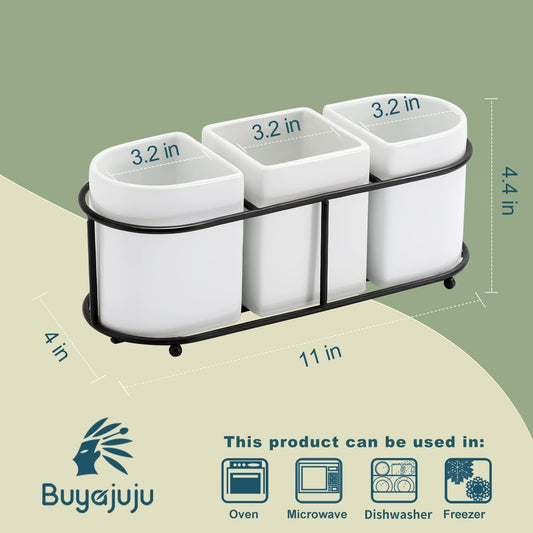 Buyajuju 3 Piece Porcelain Flatware Holder Caddy with Metal Rack,Utensil Holder Caddy For Spoons, Knives and Forks Cutlery Organizer