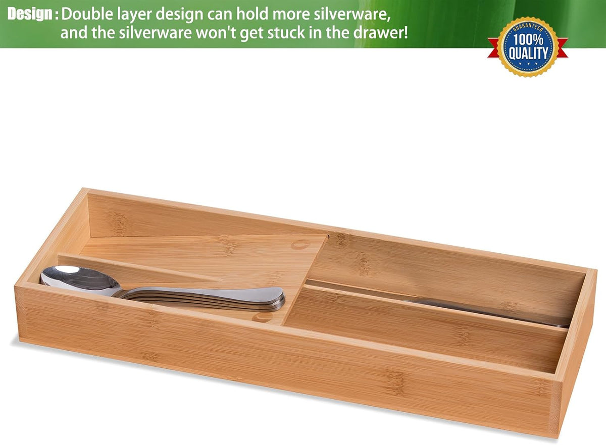 guiogc Bamboo Silverware Drawer Organizer, Kitchen Small Silverware Organizer, Utensil Tray Holder, Cutlery Tray for Spoons, Forks, Knives, Suitable for a family of 2-4