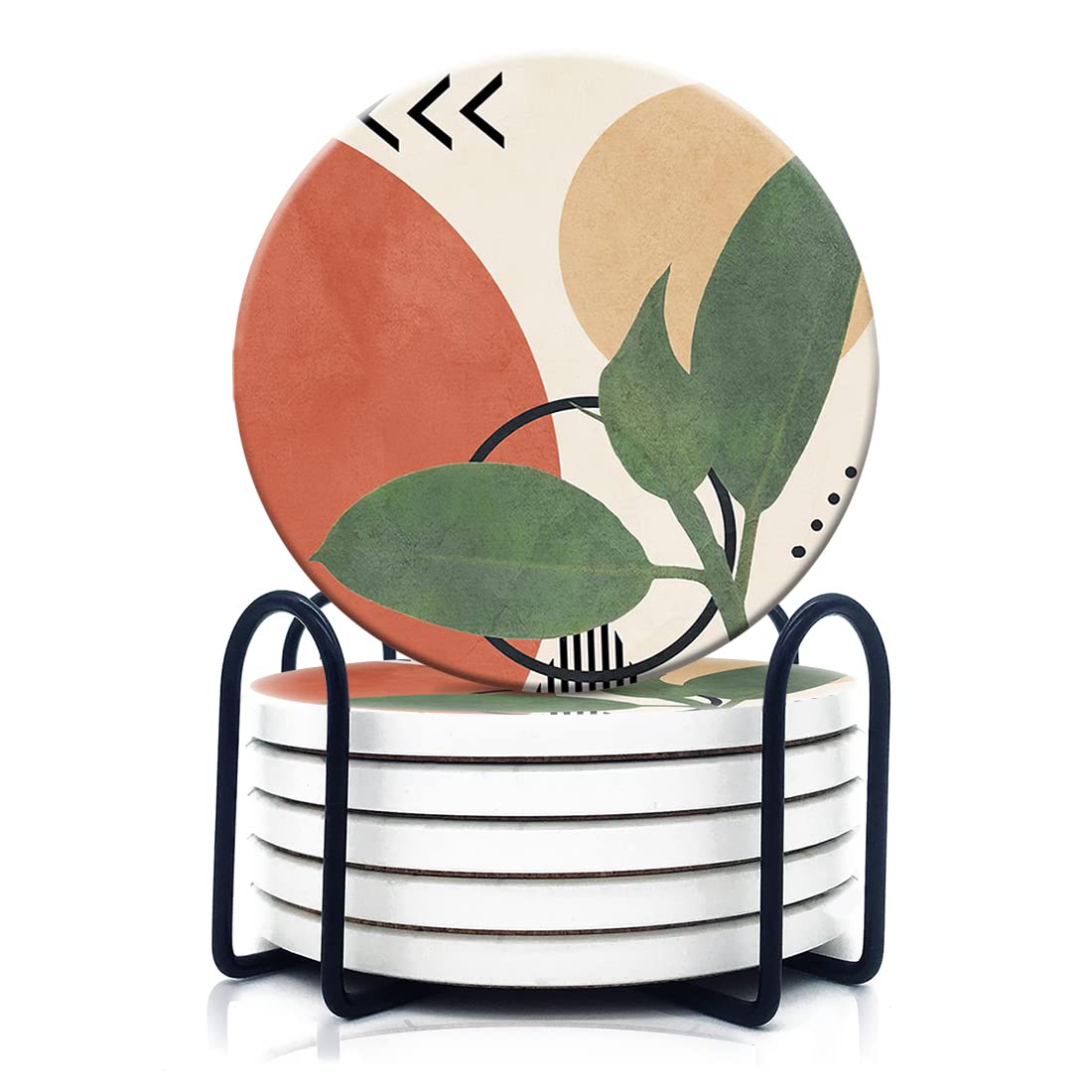 HOPONY Coasters for Drinks,6 Pieces Ceramic Stone Coaster Set with Metal Holder Stand, Cork Base,Absorbent Cups Place Mats for Home Decor Abstract Plants