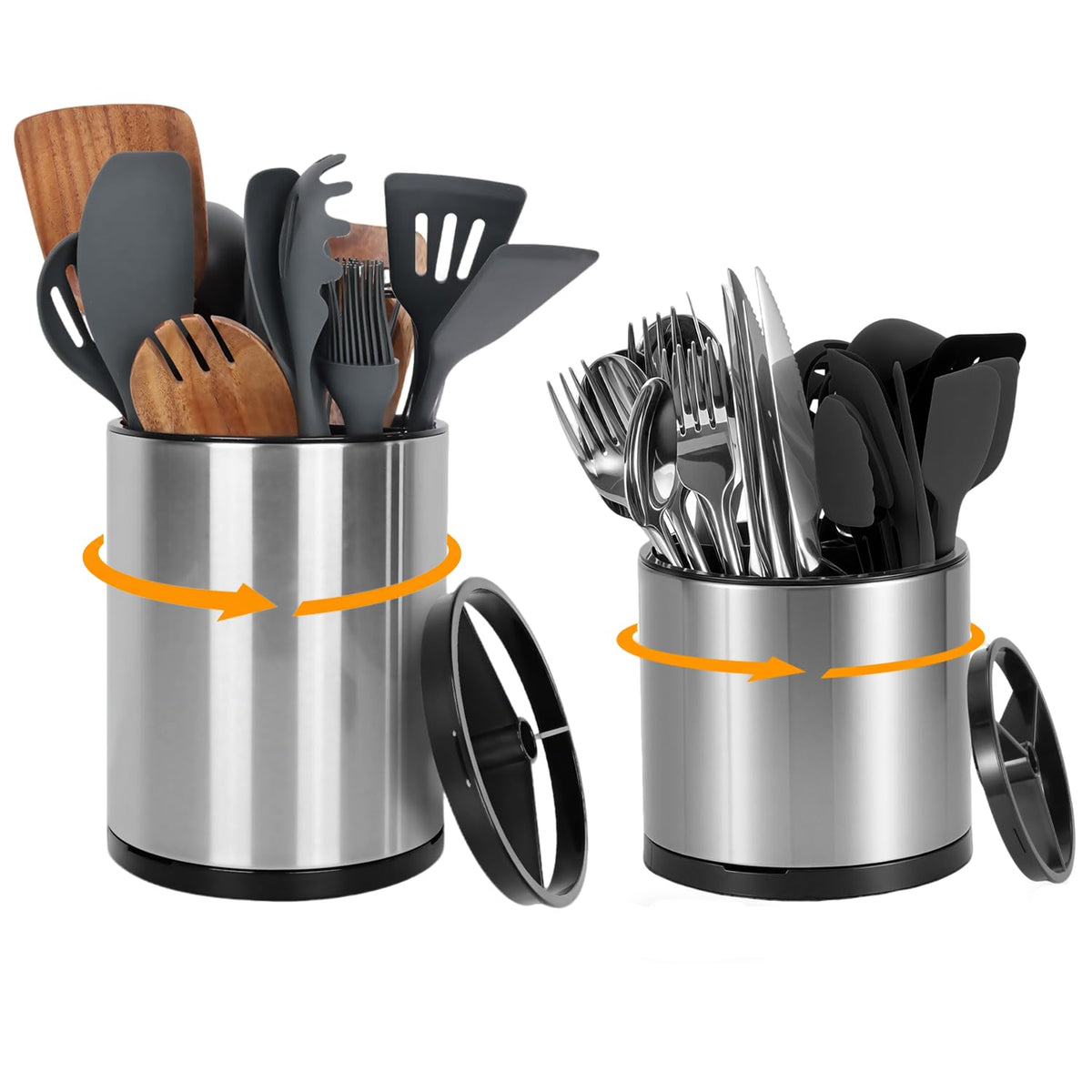 Nigelia Extra Large Kitchen Utensil Holder, 360° Rotating Stainless Steel Cooking Utensil Holder for Countertop, 3 Compartment Flatware Organizer & Cooking Caddy with Removable Base（Silvery）