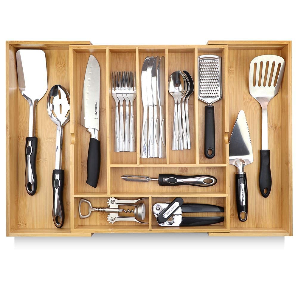 Pristine Bamboo Silverware Organizer - Small Extra-Deep Wooden Kitchen Drawer Organizer Divider for Spoons, Forks, Knives & Cutleries - 5 Slots