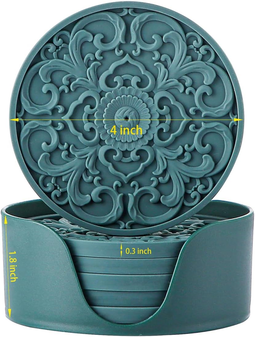 Colinda Silicone Coasters - Set of 6 with Holder, Non-Slip Cup Mats for Hot and Cold Drinks, Decorative Designs, Gift Ready Packaging, Cool Grey
