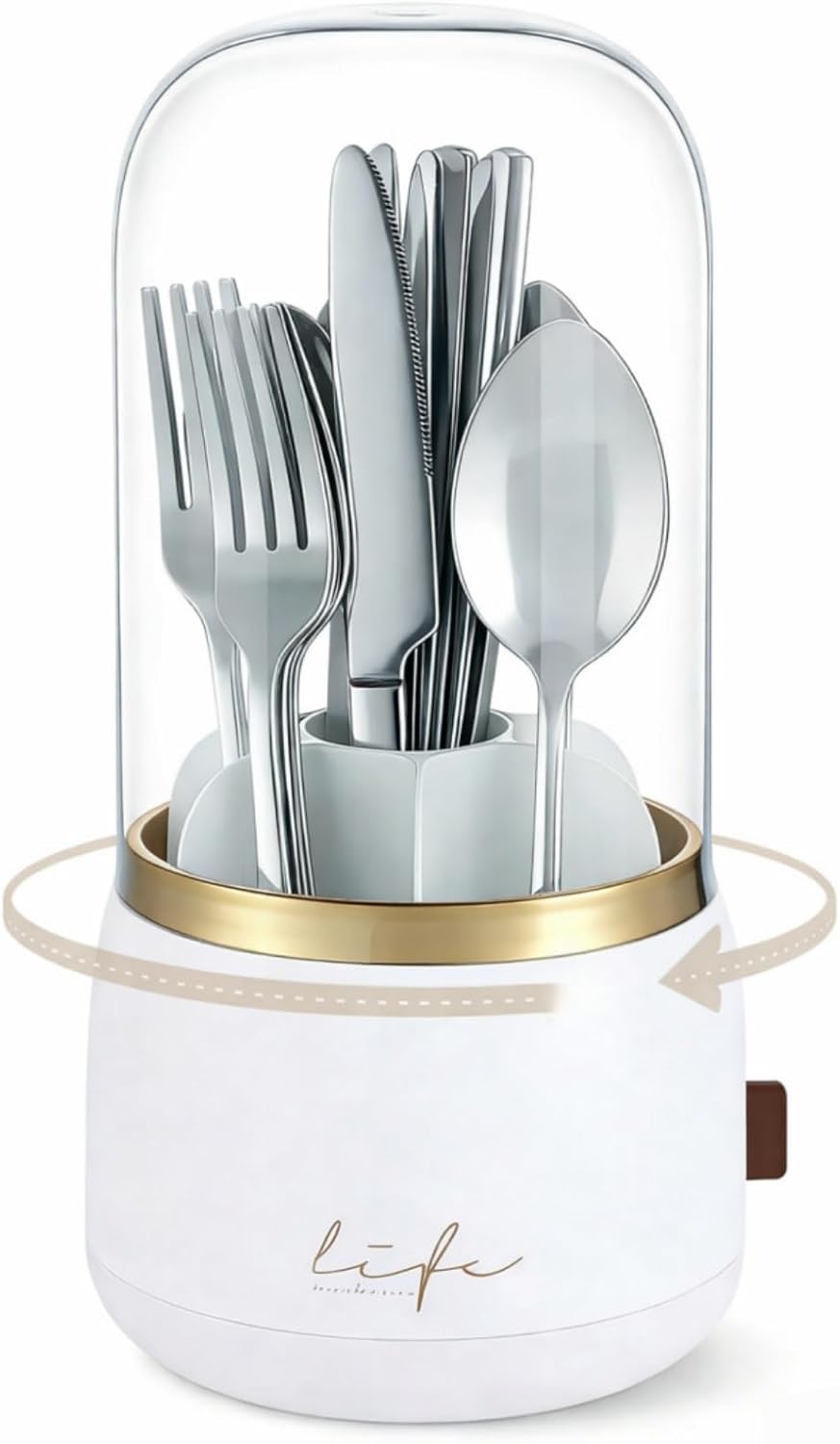 Silverware Organizer with Lid, 360° Rotation Utensil Holder for Kitchen Counter, Silverware Caddy for Party, 7 Slots Fits Standard Utensils & Most Steak Knives Up to 8.5 Inches(White)