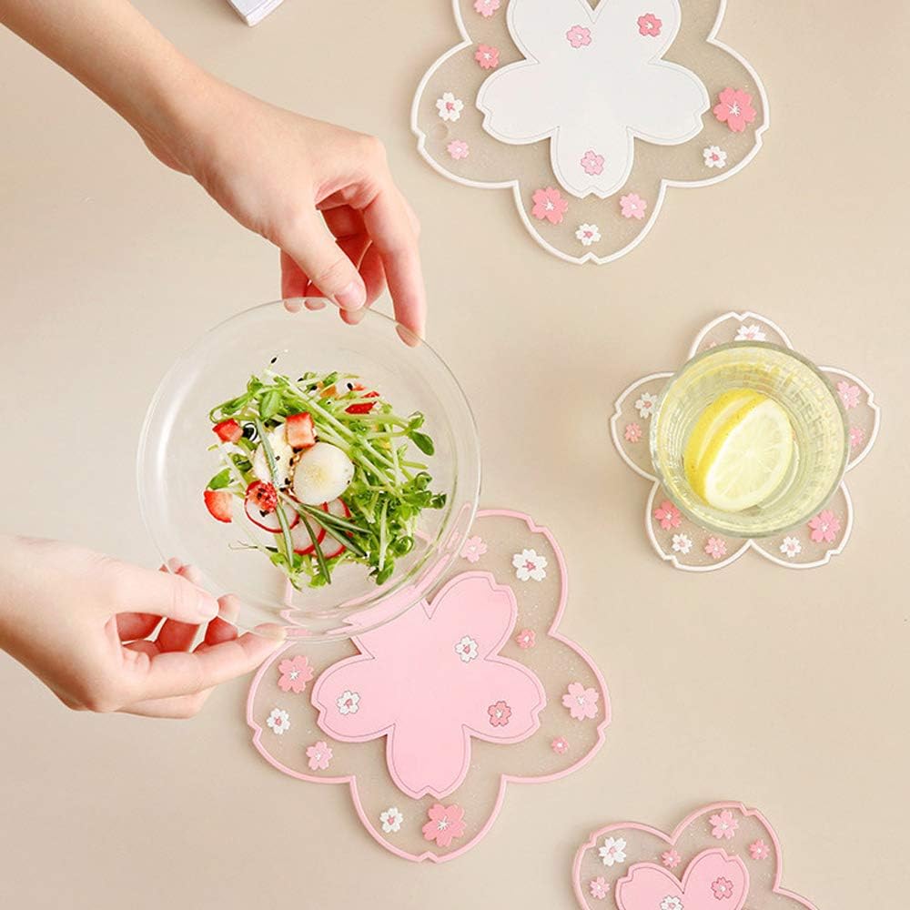 Sakura Coffee Cup Mat Kawaii Coaster 2PCS Cute Cherry Blossom PVC Home Tea Mug Pink Flower Pattern Anti-Skid Pot Bowl Pad Placemat for Desk Drink Table Decor Kawaii Accessories(Large)