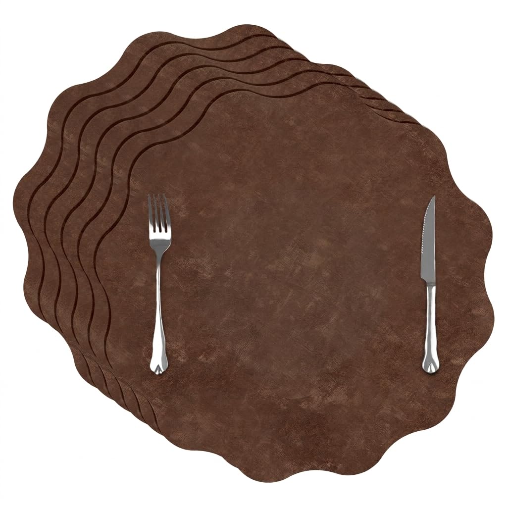comfoyar Faux Leather Placemats with Coasters Set of 6, 12x17 Inch Heat Resistant Dual-Sided Imitation Velvet Dark Brown Place Mats, Waterproof Wipeable Table Mats for Kitchen Dining Party Decoration