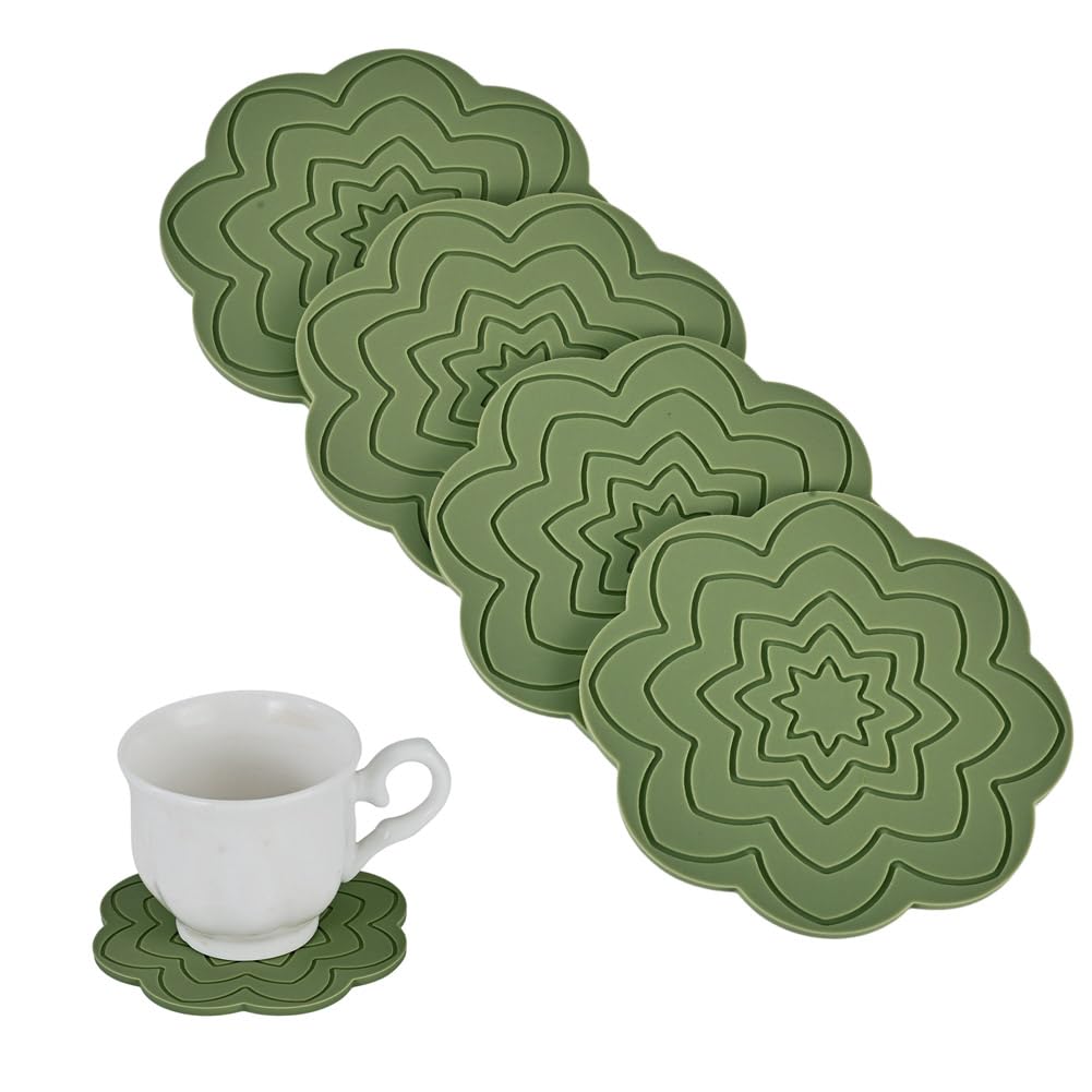 4Pcs Flower Cup Mats for Cold Hot Drinks, Patterned Silicone Coasters Non Slip Heat Resistant Placemats Washable Coffee Tea Mug Mat Pads for Office Home Kitchen Bar Table Protection, Tan