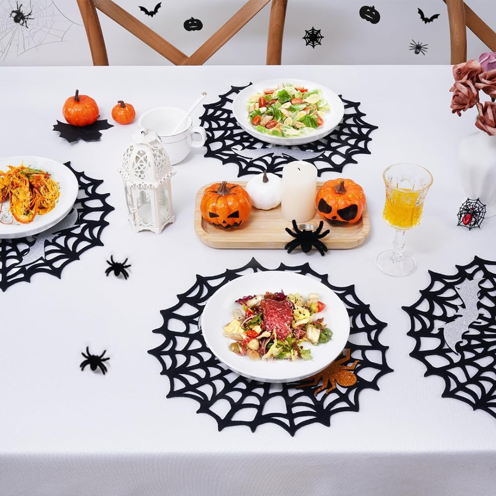 Halloween Spider Web Placemats Heat Insulated Place Mats Hollow Out Black Spiderweb Coasters Placemat for Dining Table Decoration Party Supplies Decor, 4 Pcs