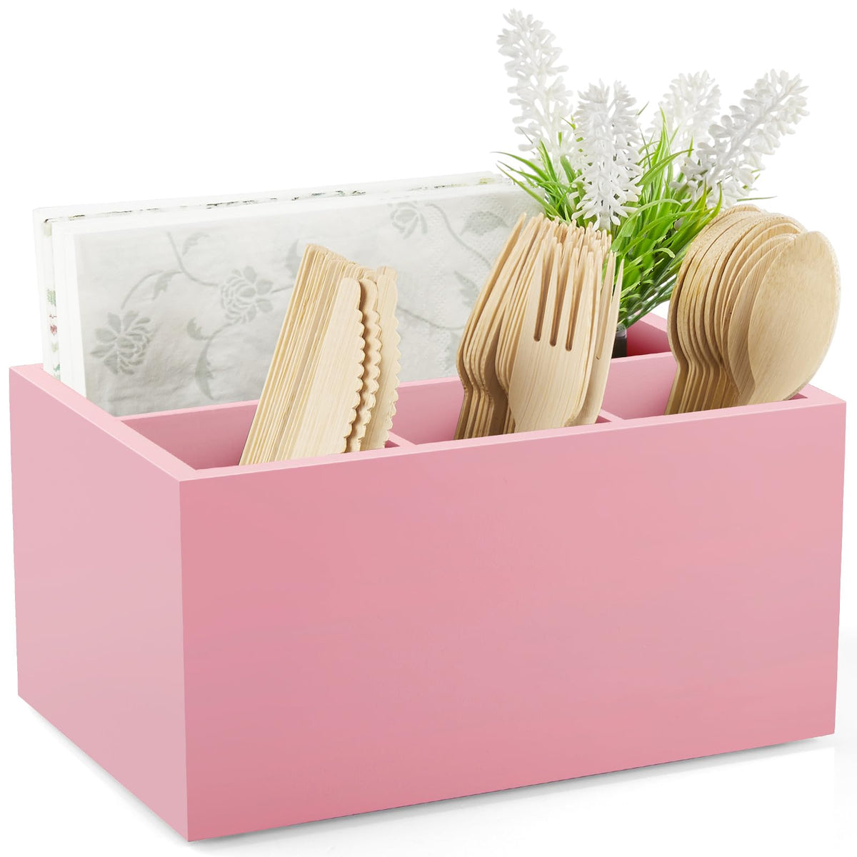 DRASTAR Utensil Caddy, Silverware Caddy for Party, Acacia Wood Silverware Holder, Silverware Organizer Countertop, Cutlery Storage Containers for Kitchen Table
