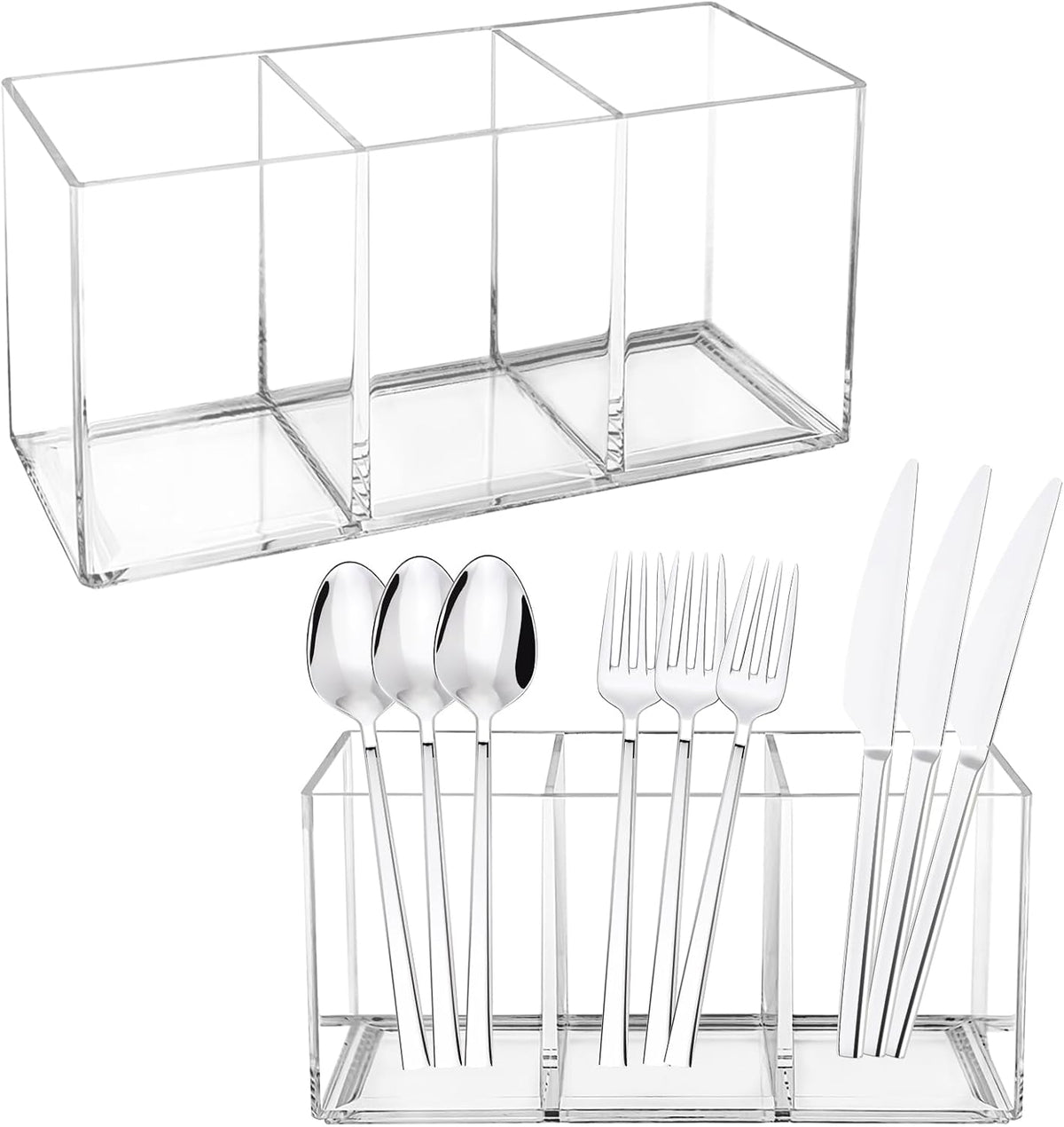 Rainmae 2Pack Acrylic Cutlery Storage Organizer, Plastic Cutlery Utensil Holder Storage Organizer Caddy for Kitchen Countertop Organization - Holds Fork, Knife, Spoon, Silverware Tableware Storage Box