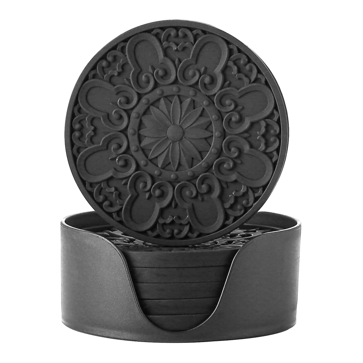 Colinda Silicone Coasters - Set of 6 with Holder, Non-Slip Cup Mats for Hot and Cold Drinks, Decorative Designs, Gift Ready Packaging, Cool Grey